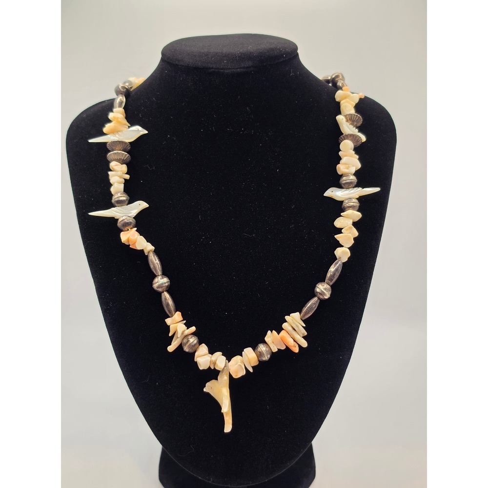 Vintage Southwestern Shell Fetish Bird Necklace Heishi Beads Silver Tone 24 In